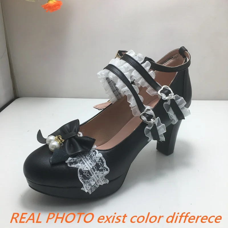 ASILETO Ladies Pumps Round Toe Ultrahigh Heels 9cm Platform 2cm Buckle Strap Bowknot Beads Sweet Lolita Shoes Plus Size 45 46