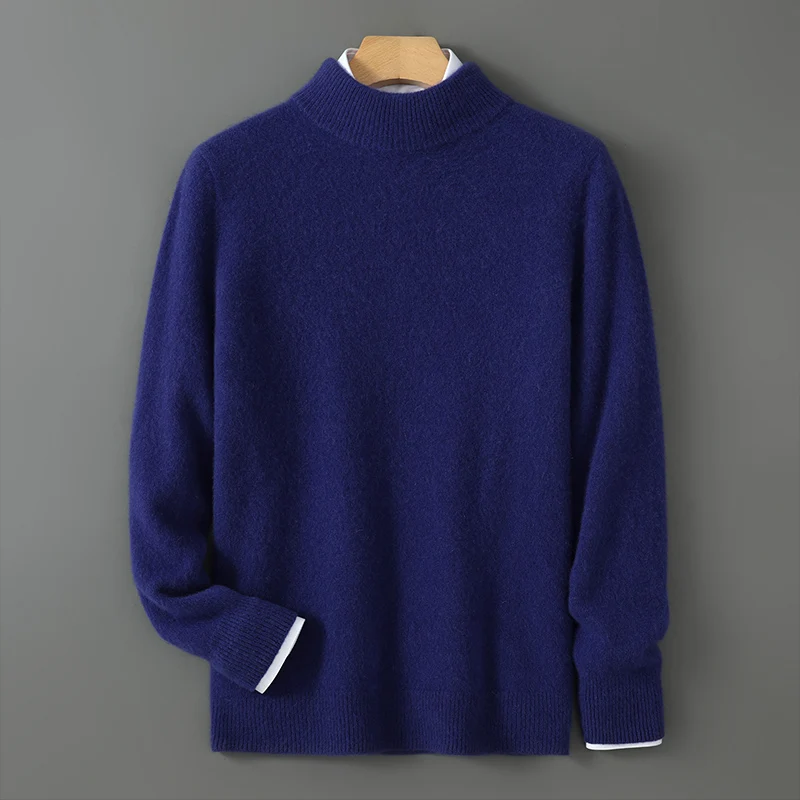 2024 New 100% Wool Men's Sweater Half high collar Pullovers Knit Sweater Autumn and Winter New Long Sleeve Basic-version Tops