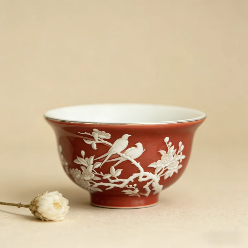 Coral Red Stacked White Magpie on Plum Blossom Tea Cup Ceramic Tea Festive Wedding Celebration Tea Ware Elegant Household TeaCup