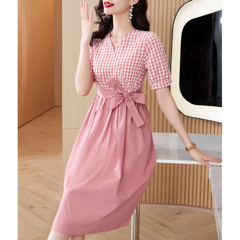 2024 Summer New Fashion Slimming Cotton and Hemp Splicing Plaid V-Neck Bandage Elegant Casual Short Sleeve Women's Dresses