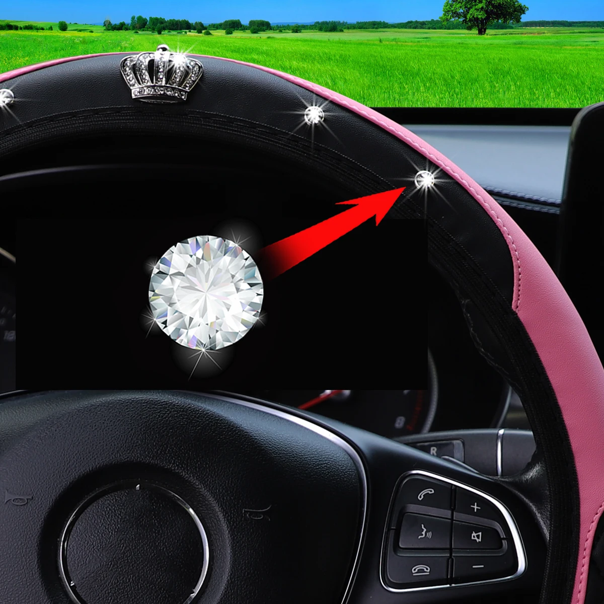 3-teiliges PU-Leder Lenkradbezug-Set mit Kronen-Diamant-Intarsien, Schalthebel-Abdeckung und Handbremsen-Abdeckung für Autos ohne Innenring – Detail 4