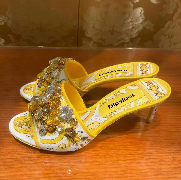 

Yellow Porcelain Flowers Printing Leather Kitten Heel Slipper Sandals Peep Toe Rhinestone Embellished Floral Slingbacks Shoes