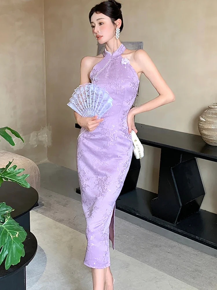 Robe longue de luxe pour femmes, tenue de soirée Chic, col montant, Vintage, coréenne, élégante, violet, Jacquard, diamants, été, 2025