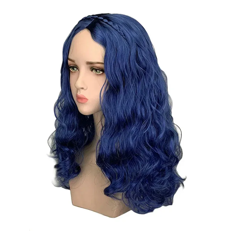 Discendenti 2 Evie Parrucca ondulata lunga blu Costume cosplay Capelli sintetici resistenti al calore Parrucche per giochi di ruolo per feste Berretto per parrucca