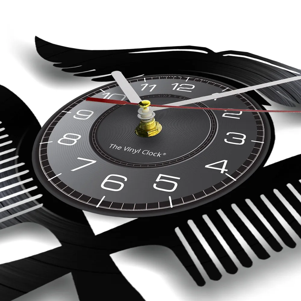 Barber Shop Logo Wall Clock Hairdressing Salon Interior Design Vinyl Record Clock Moustache With Combs Barber Shop Wall Decor