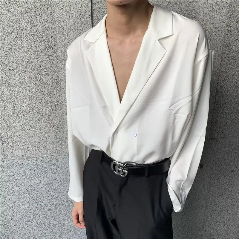 British Style Men's Elegant Turn Collar Long Sleeve Shirt Soild Formal Padded Shoulder Professional Suit Shirts And Blouses