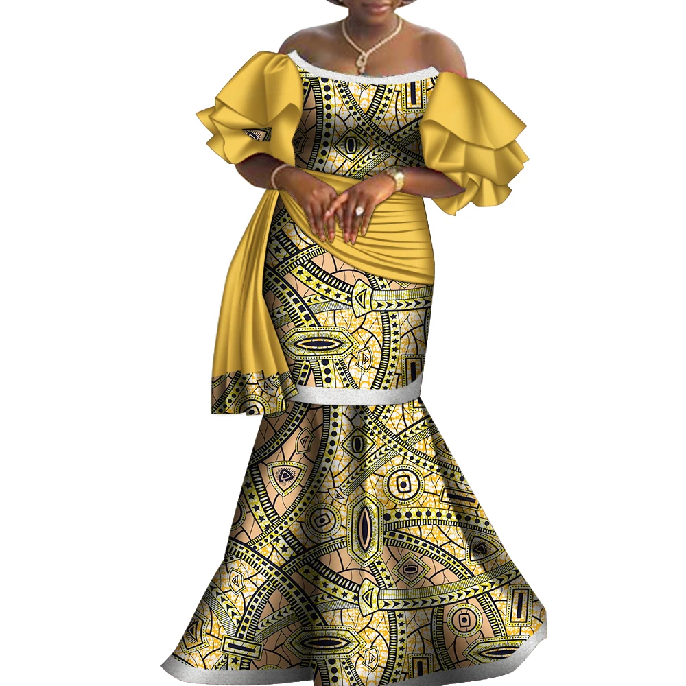 Bintarealwax Off-Shoulder Party Dress Dashiki Elegant Africa Style Clothing for Women Strapless Floor- Length Dresses  WY8794