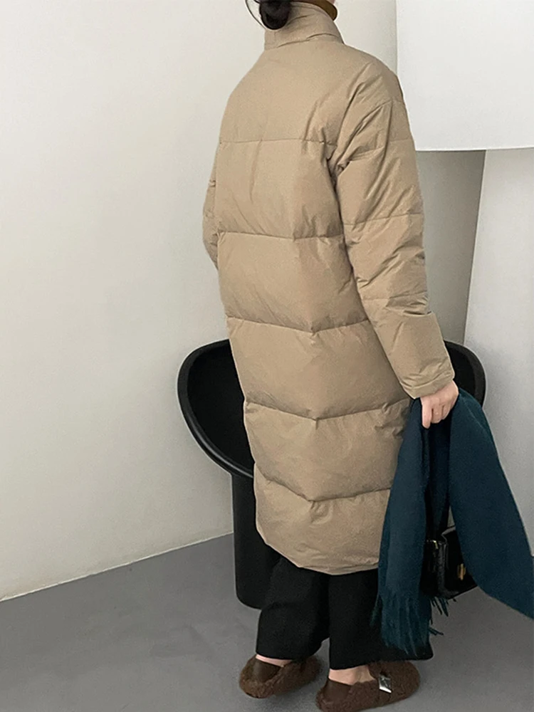 [LANMREM] Lace-up Gathered Waist Down Coats For Women V Neck Thick Warm Long Outwear Minimalism Clothes 2024 Winter New 26C1199