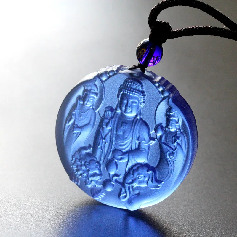 Chinese Style Lucky Blessing Blue Ancient Liuli Glass Three Saints Of Huazang Buddha Pendant Amulet Necklace For Men Women Sweat