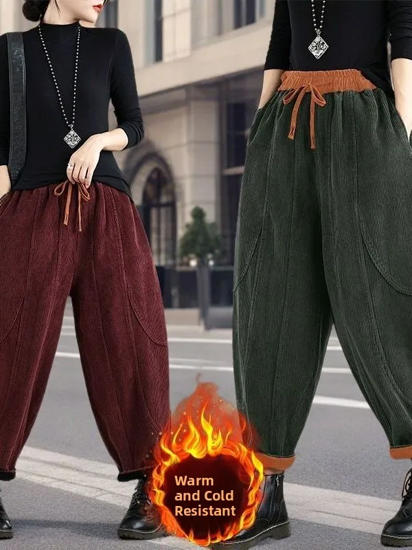 Retro Fleece Lined Thick Corduroy Harem Pants Women Winter Large Size Patchwork Stripe Velvet Lantern Long Trousers