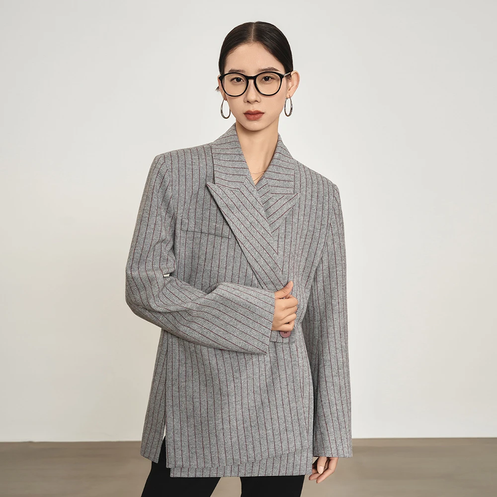 TWOTWINSTYLE Striped Printting  Asymmetrical Chic Blazer For Women Notched Collar Long Sleeve Slimming Blazer Female Clothes New