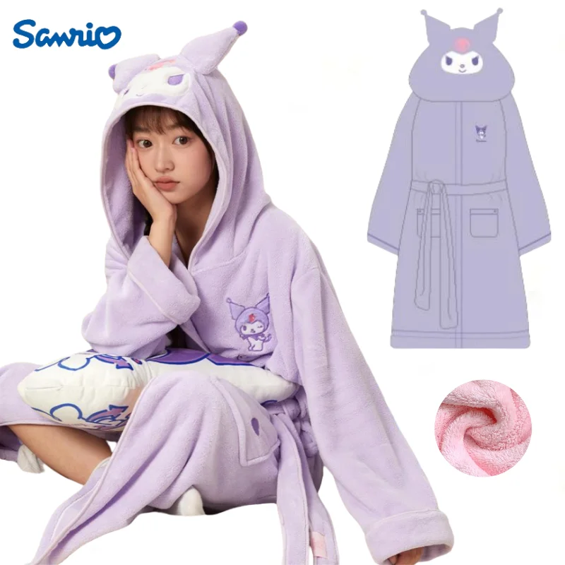 Sanrio Kuromi Coral Velvet Nightgown Water Absorption and Quick Drying Bathrobe for Adults Couple Towel Style Bathrobe Girls Boy