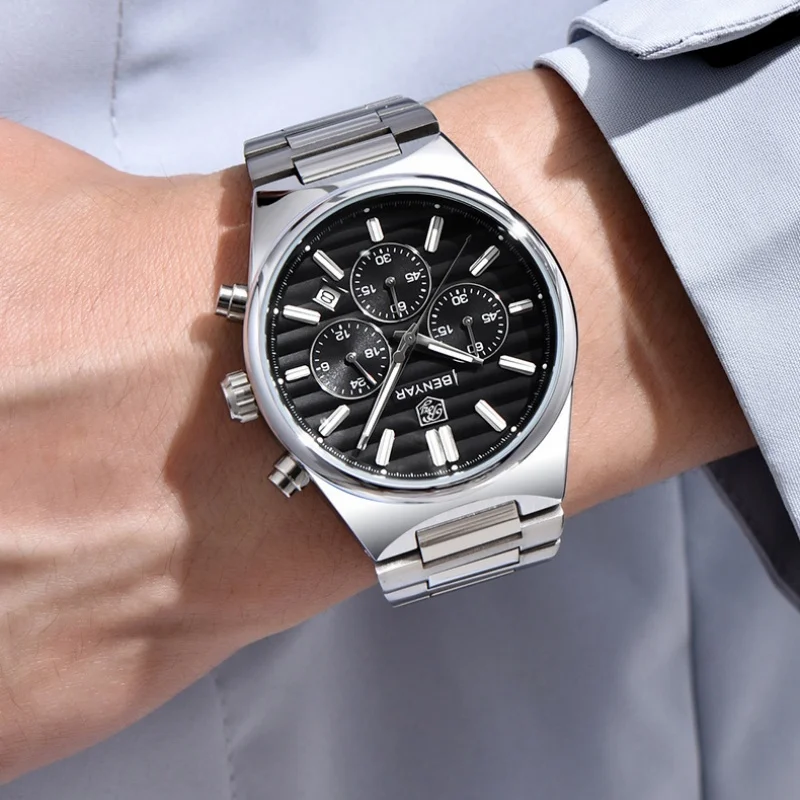 BENYAR 5214M الأعمال الجديدة الأنيقة ساعة كوارتز رجالية رائجة البيع مقاوم للماء كرونوغراف ضوء الليل التقويم ساعة reloj hombre