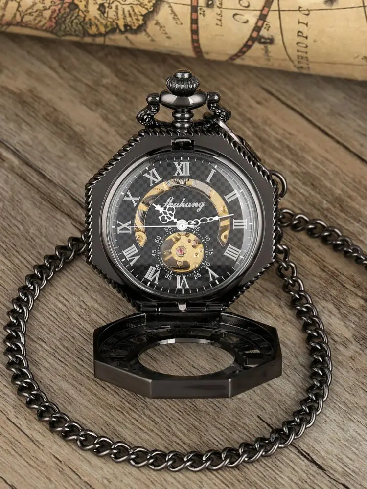 Hollow Octagon Design Clock Skeleton Handwinding Mechanical Pocket Watch for Men Women Roman Number Half Hunter Chain