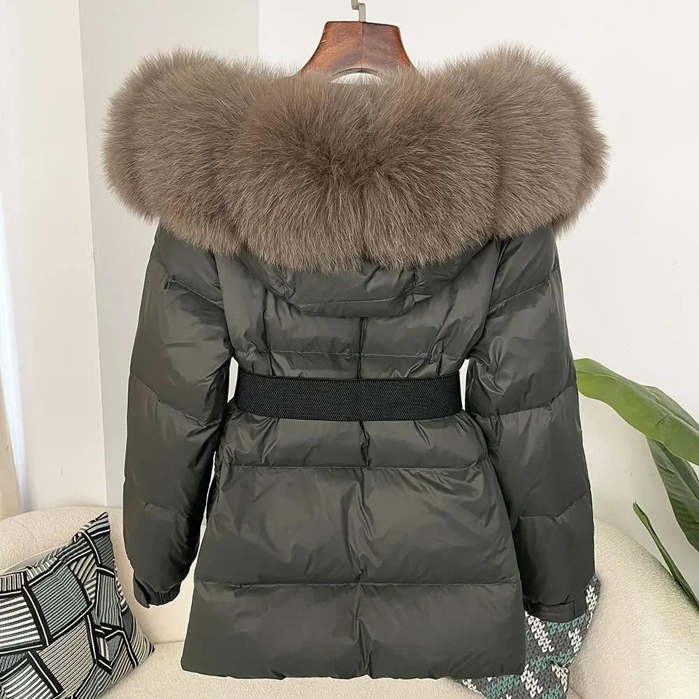 2025 chaqueta de invierno para mujer, cuello de piel de zorro Natural auténtica con capucha, abrigo grueso cálido 90% de plumón de pato blanco, ropa de calle informal para mujer