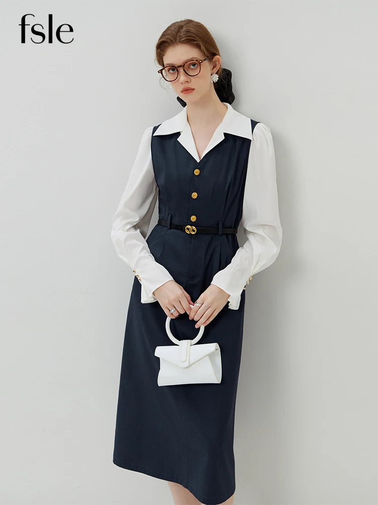 FSLE Fashionable Intellectuals V-neck Suspenders Dress for Women 2023 Autumn New Waist Slimming H-shaped Dress with Belt Female