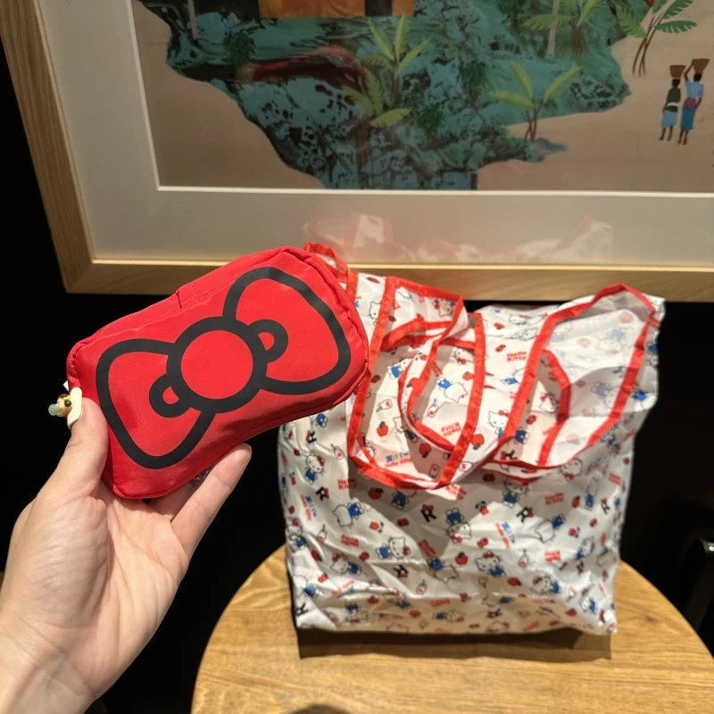 

hello kitty tote bag reusable shopping bag cute cartoon bow large capacity foldable lightweight anime women's birthday gift