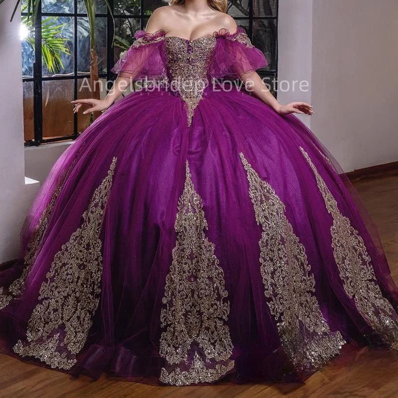 Angelsbridep-vestido De baile personalizado, Vestidos Quinnceanera, apliques De oro púrpura, Vestidos De fiesta De noche para mujer, Vestidos De Xv Años