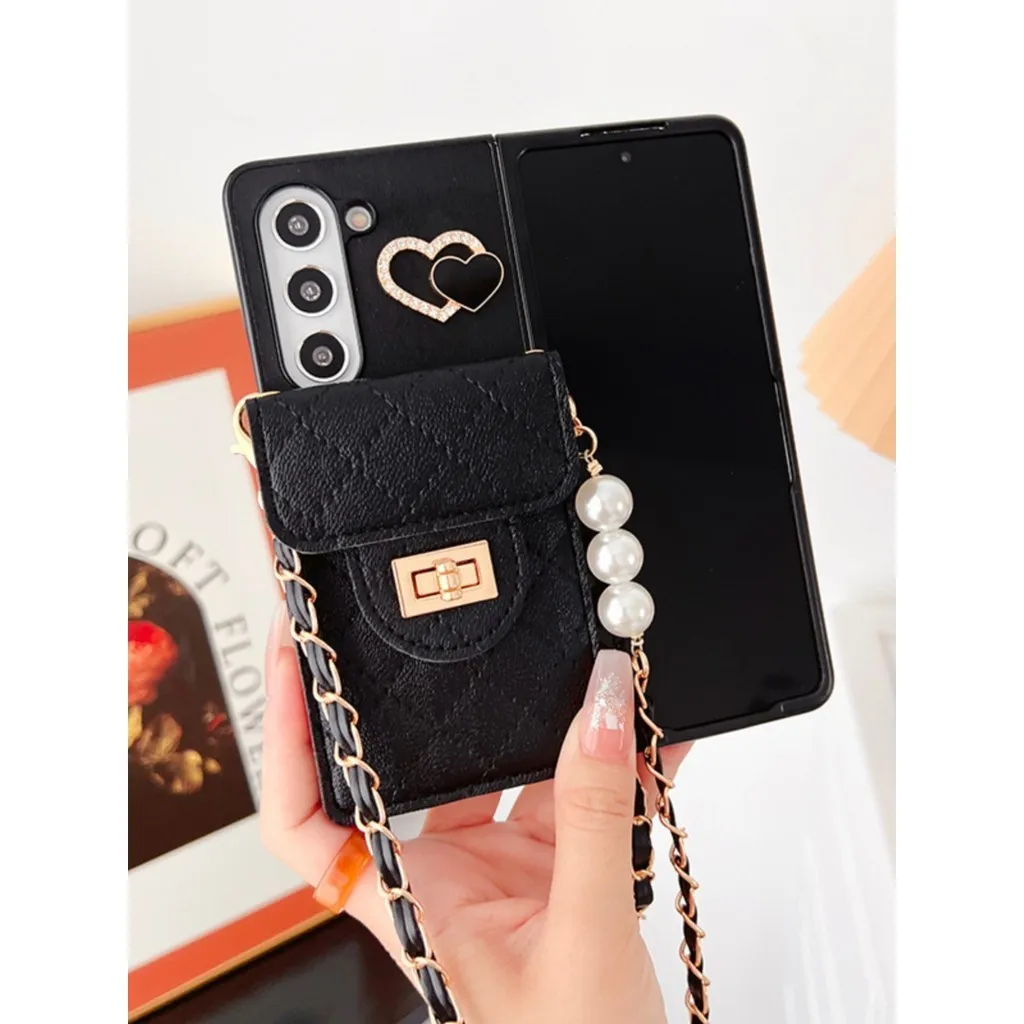 For Samsung Galaxy Z Fold 7 6 5 4 3 2 5G Love Heart Metal Buckle Lambskin Purse Card Bag Crossbody Long Chain Leather Case Cover