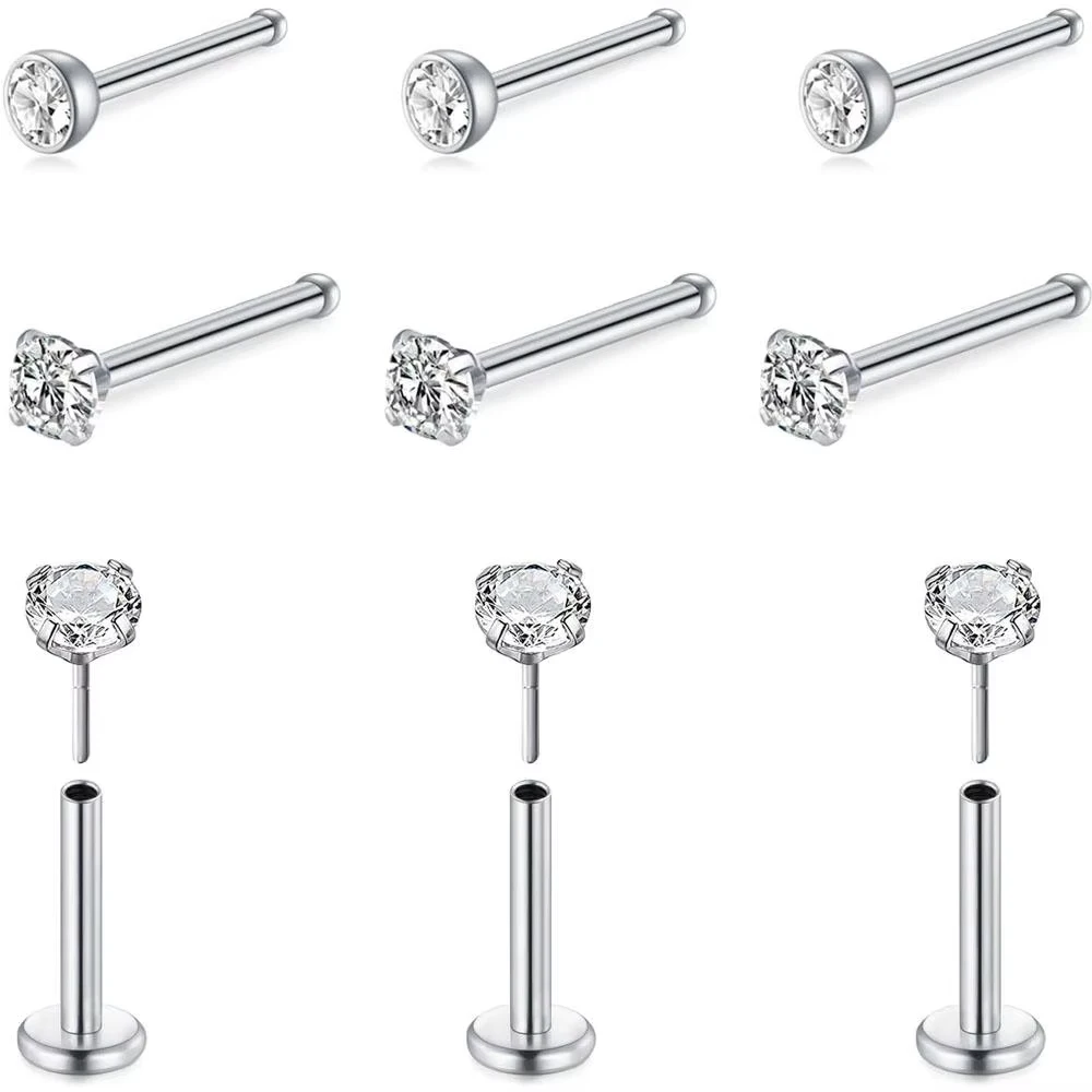 9Pcs Set Nose Studs 316L Surgical Stainless Steel Bone Diamond Heart Corkscrew Lip Studs Nostril Piercing Jewelry For Women Men