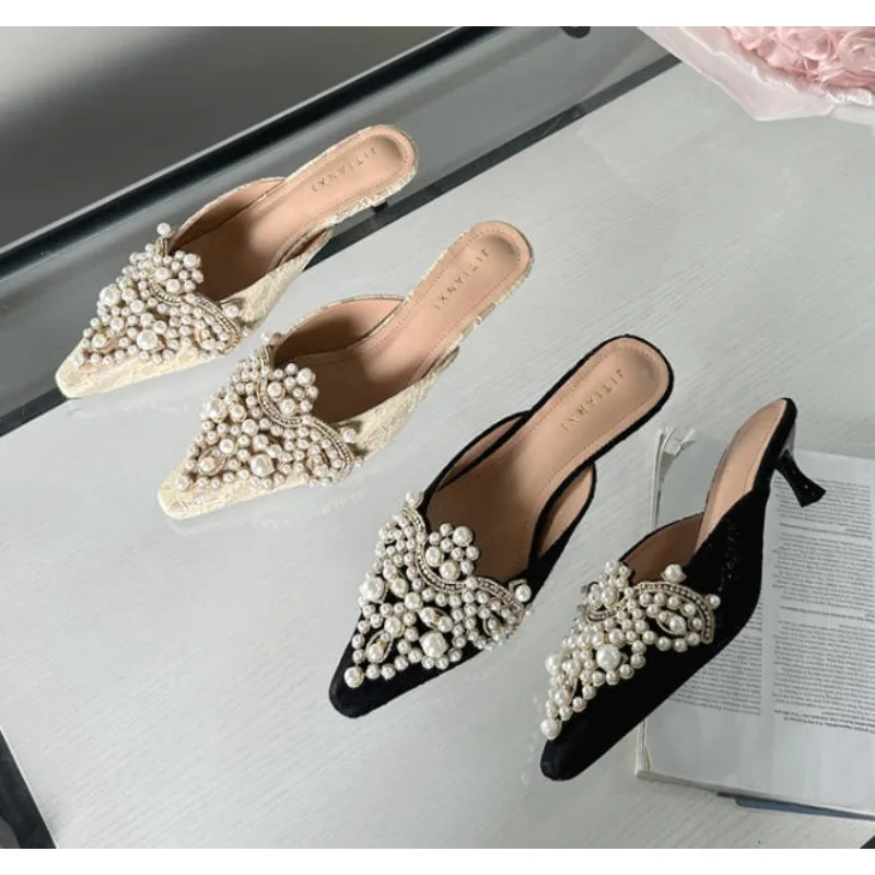 

Spring/Autumn Luxury Fashion Sexy Women Shoes Elegant String Bead Crystal Patchwork Slip-On 35-42 Thin Heels Slipper