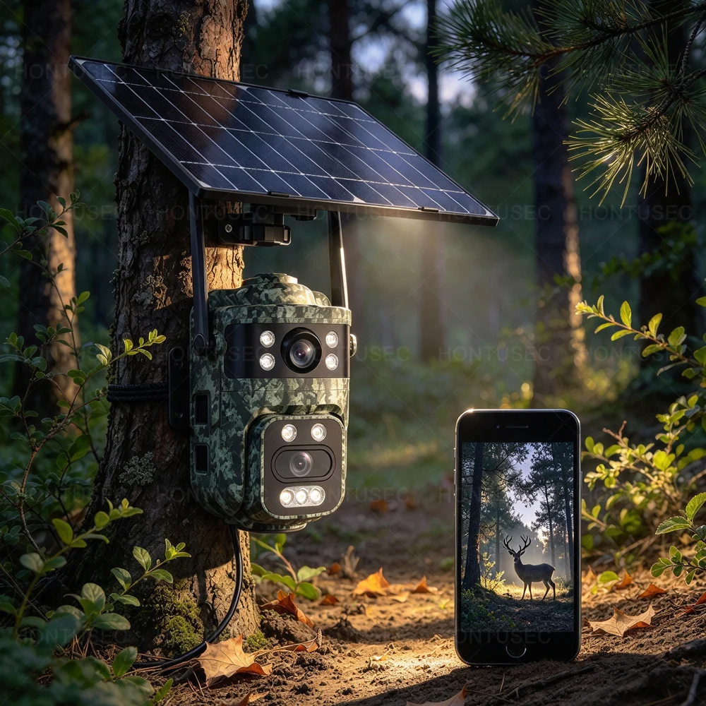 HiEasy 6MP 4G SIM Card AOV Dual Lens Dual Screens Solar PTZ Forest Hunting Camera Two Way Audio Battery Powered Motion Detection