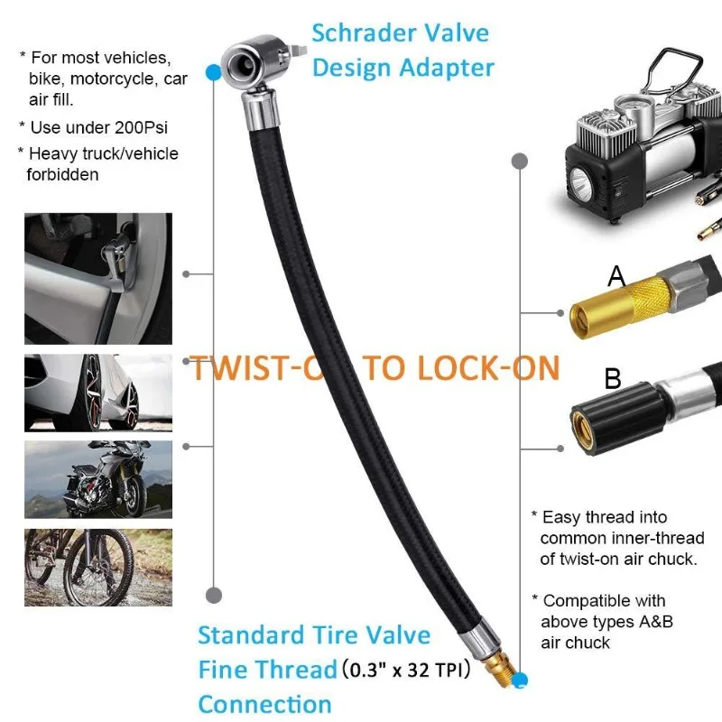 STONEGO Car Tire Inflator Hose Inflatable Air Pump Extension Tube Adapter Twist Tyre Connection Locking Air Chuck