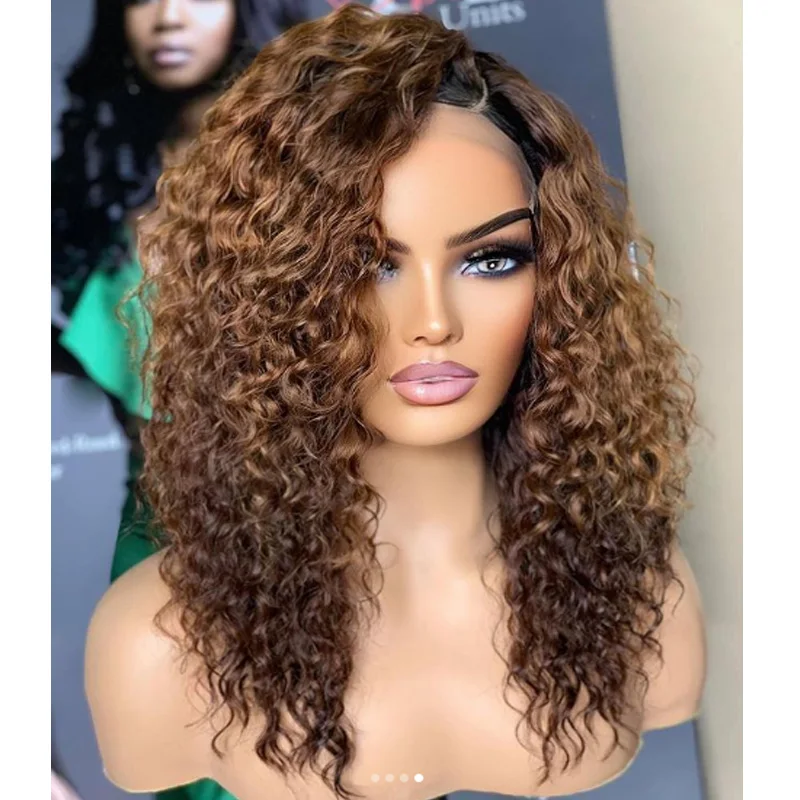 Suave ombre loira kinky encaracolado preplucked 26 Polegada longo 180 densidade perucas dianteiras do laço para mulheres com cabelo do bebê sem cola boa textura