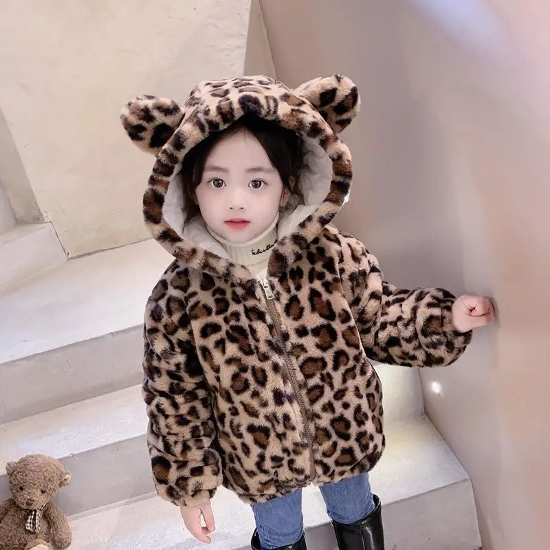 

Leopard Print Winter Plush Girls Jacket Autumn Warm Faux Fur Coats For Girls Hooded Snow Coat Soft Children Ouertwear Clothing