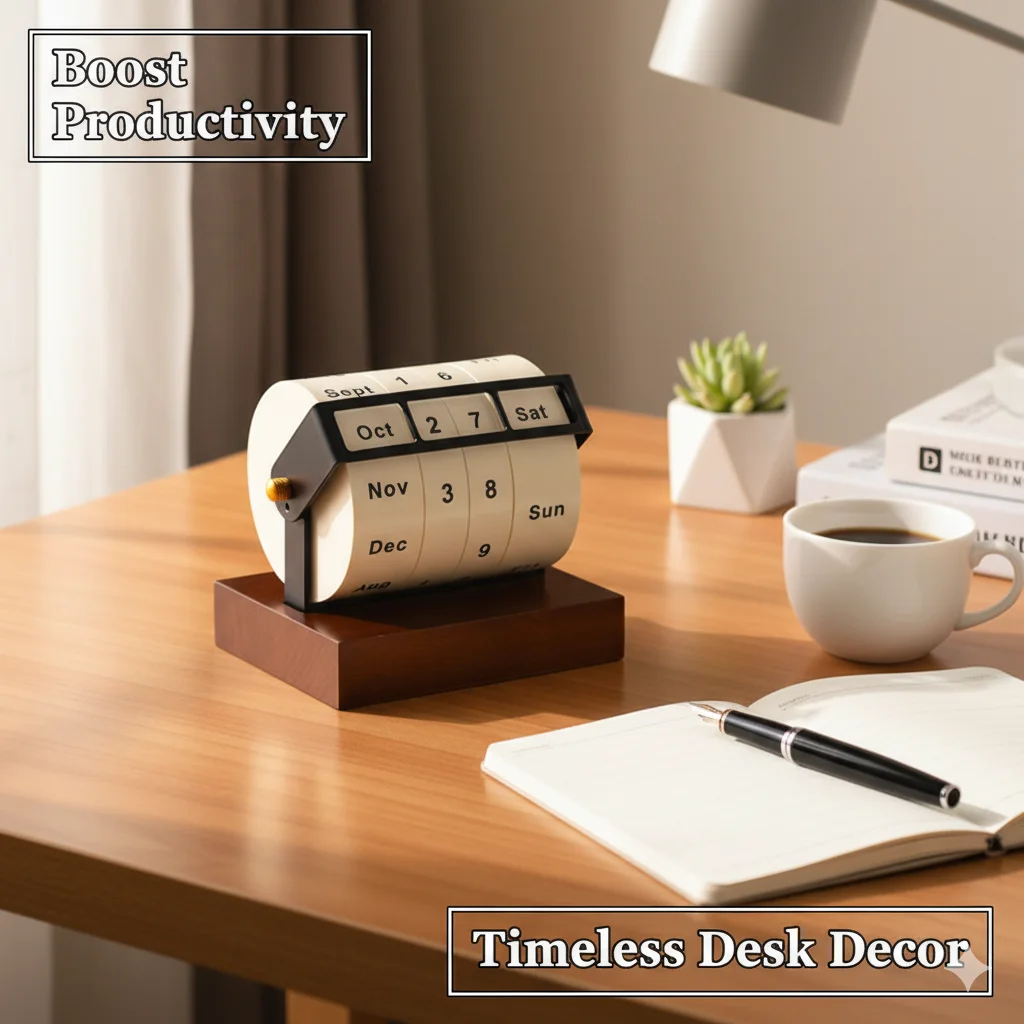 

Vintage Mechanical Rotating Wheel Calendar With Solid Wood Stand, Perpetual Calendar For Office Desk Decor Day Month Indicator