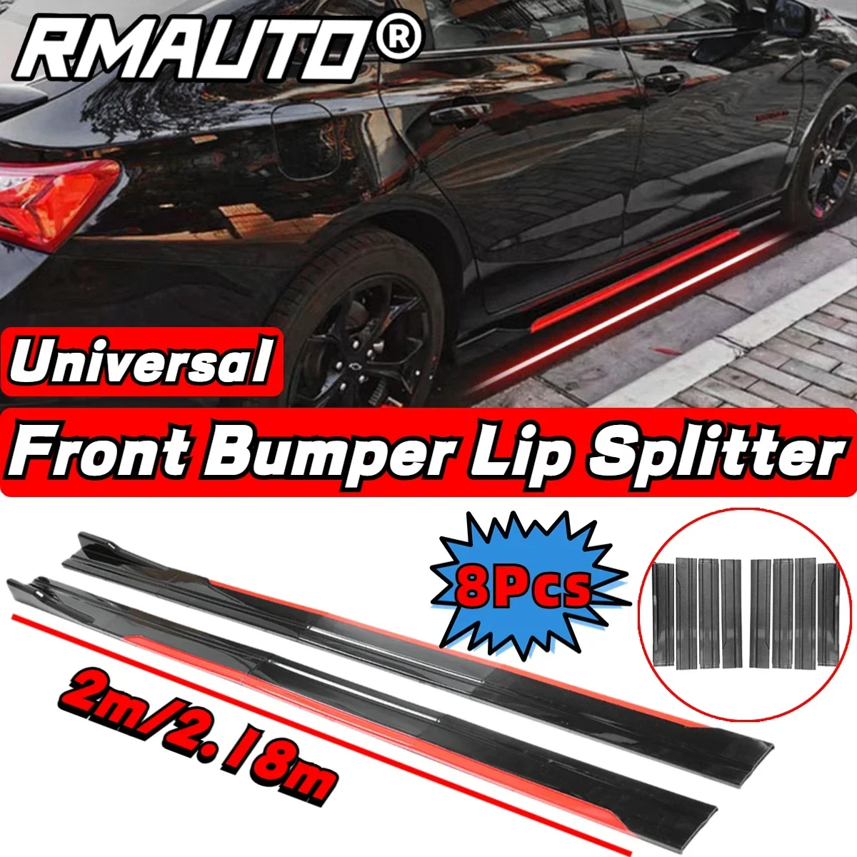 8-teiliges 2m/2,2m Seitenschweller-Verlängerungsset Winglet Splitter Lippen-Spoiler Karosserie-Kit für BMW Mercedes-Benz Toyota Audi Nissan Honda