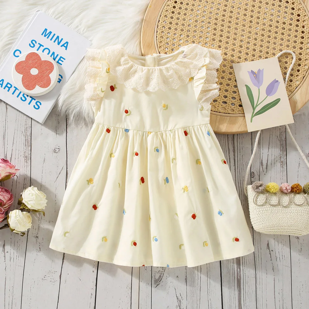 Girls Summer Style Flying Sleeve Dress Autumn New Item Flower Embroidery Princess Dress Sweet And Cute Childrens Dress