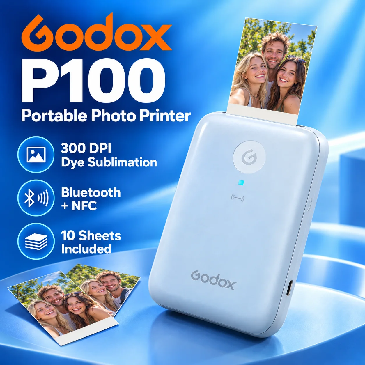 Godox P100 Portable Photo Printer Bluetooth NFC 300 DPI Dye Sublimation for iOS Android with 10 Sheets