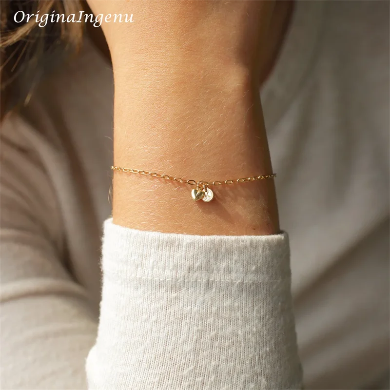 14K Gold Filled Dainty Heart and Disc Bracelet Personalized Letter Bracelet Tarnish Resistant Jewelry Custom Initial Bracelet