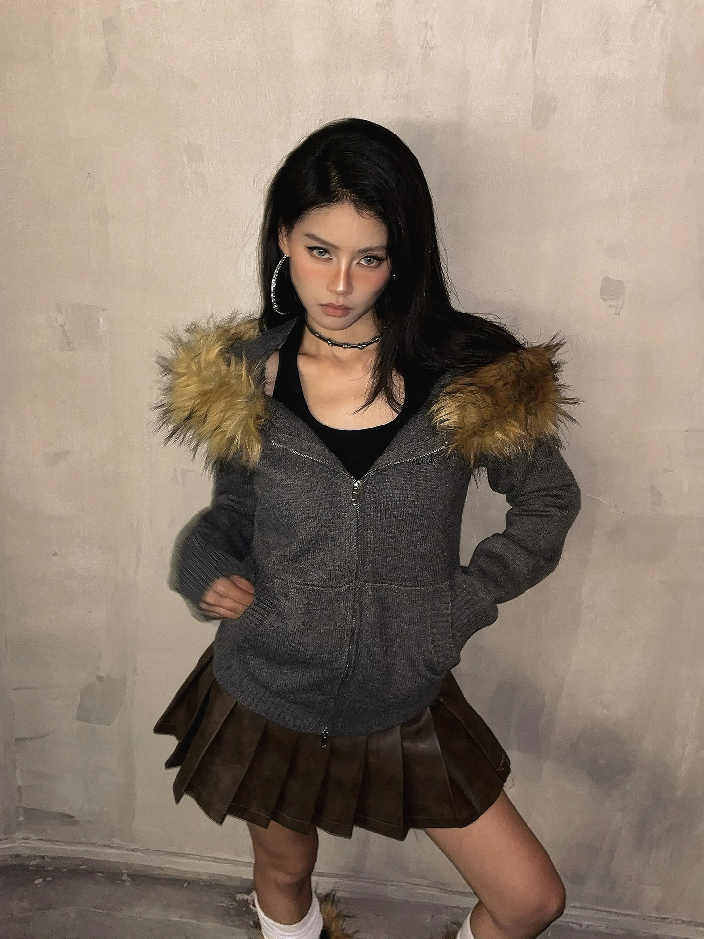 

DoubleD American Detachable Fur Collar Hoodie Women's Double Zipper Loose Lazy Knitted Open Cardigan Outerwear