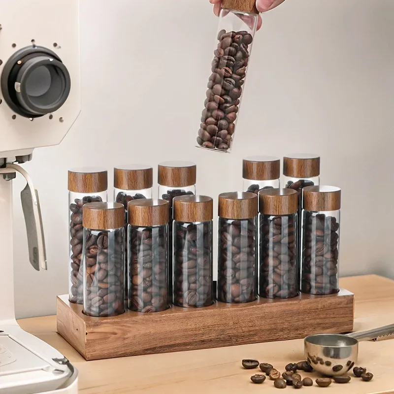 12 Pieces Coffee Dispensing Bottle Walnut Base 22g Glass Storage Test Tube Coffee Bean Display Rack Sealed Jar Coffee Tools