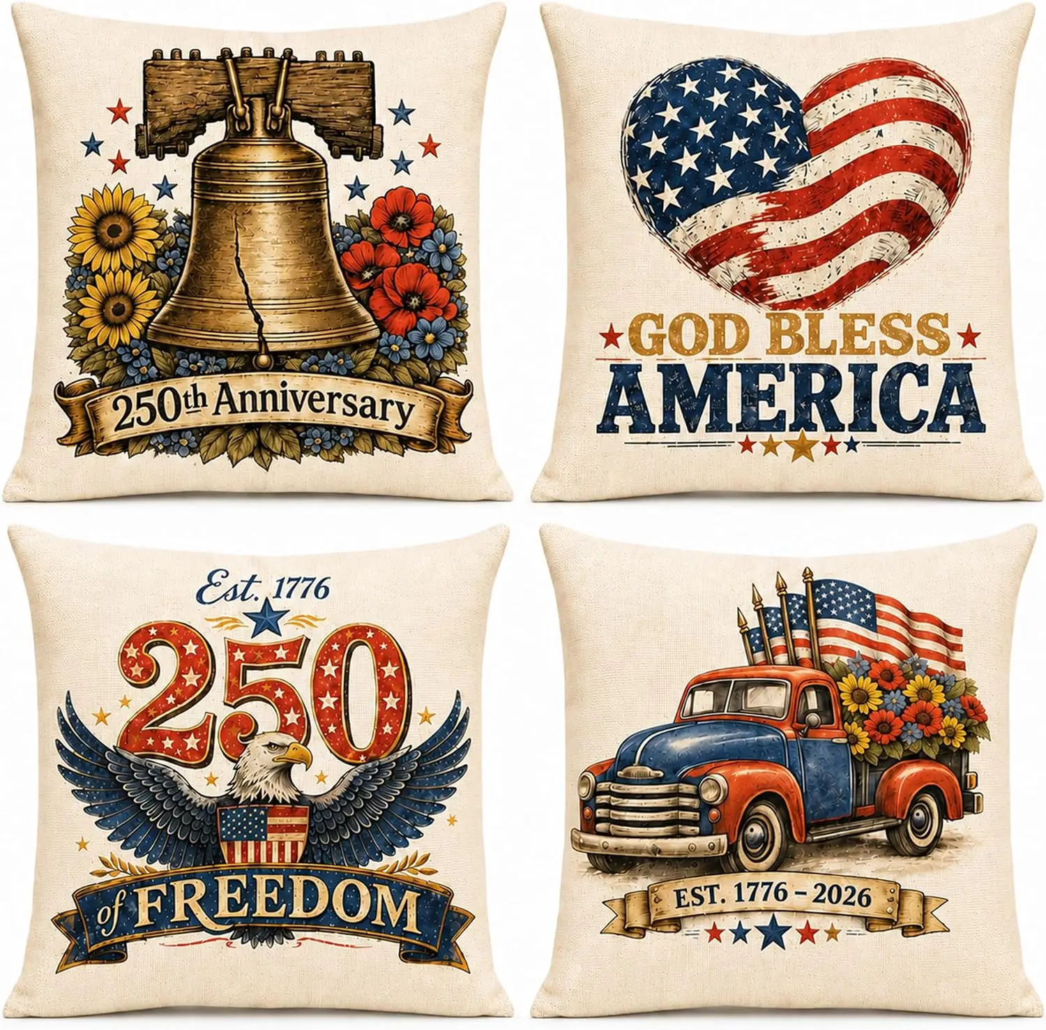 4 Pieces American Patriotic Throw Pillow Cover Set USA Independence Day Home Decor Flag Cushion Anniversary Gifts