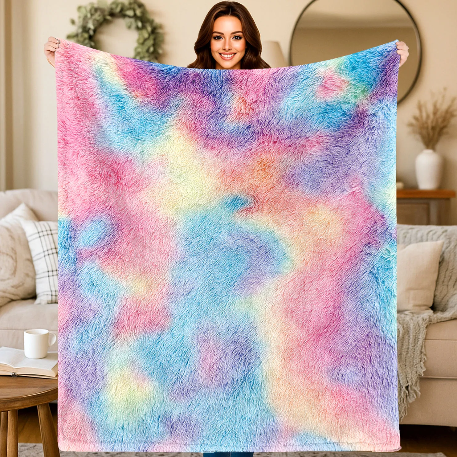 Flanell-Überwurfdecke, 2D-gedrucktes abstraktes Regenbogen-Design, weich, leicht, für Sofa, Bett, Büro, Reisen, ganzjährig waschbares Geschenk