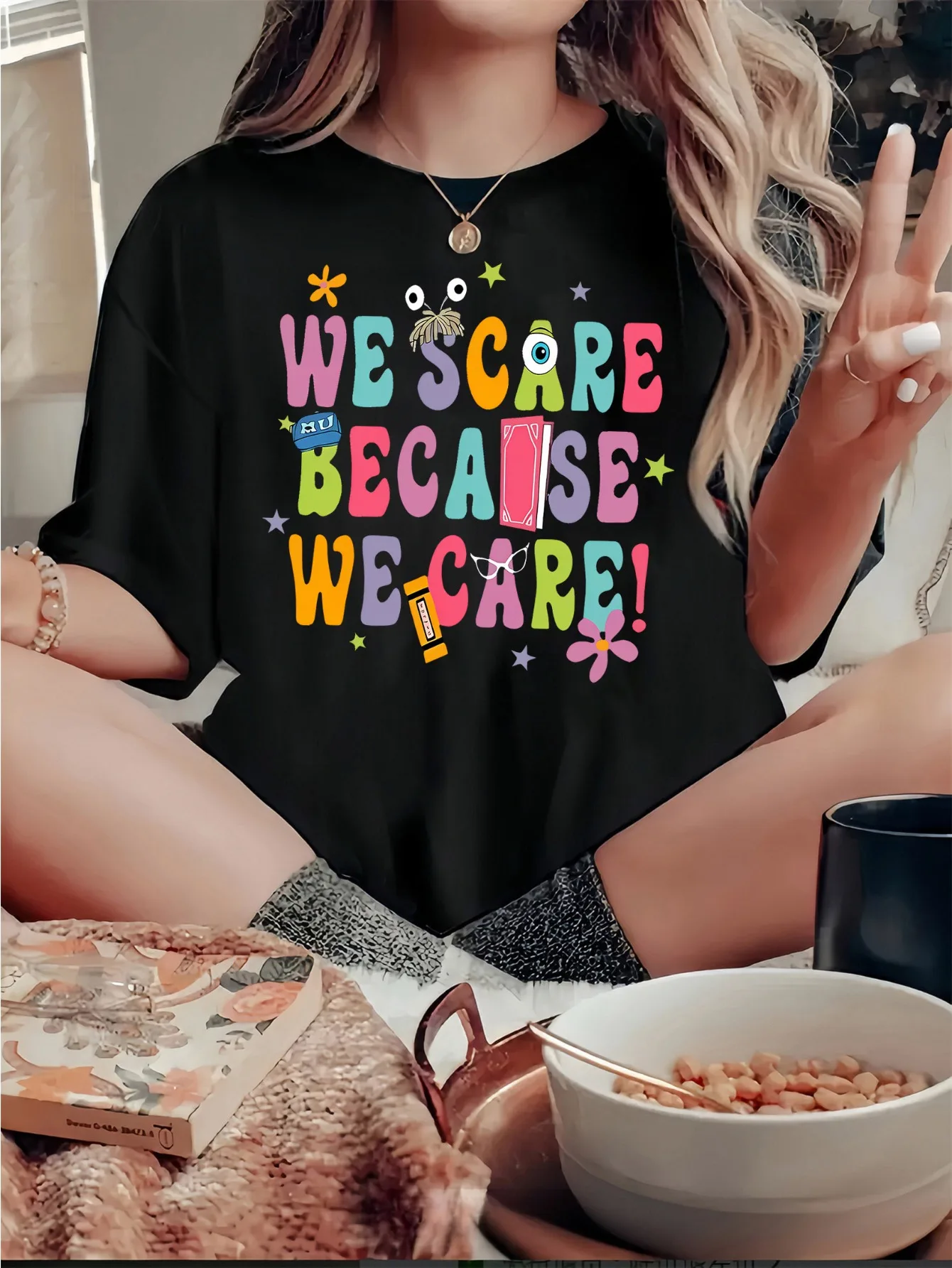 

Women's Monster Eye Print T-Shirt Colorful English Phrases Casual Summer Short Sleeve Crew Neck Top with Smart Casual Outfits