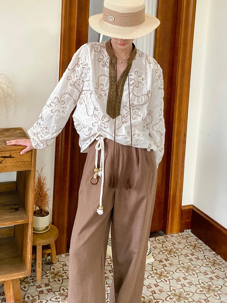 

French Chic Floral Embroidery Blouse Shirt Beige Women 100% Cotton Spring Autumn Loose Long Lantern Sleeve Casual Ladies Top New