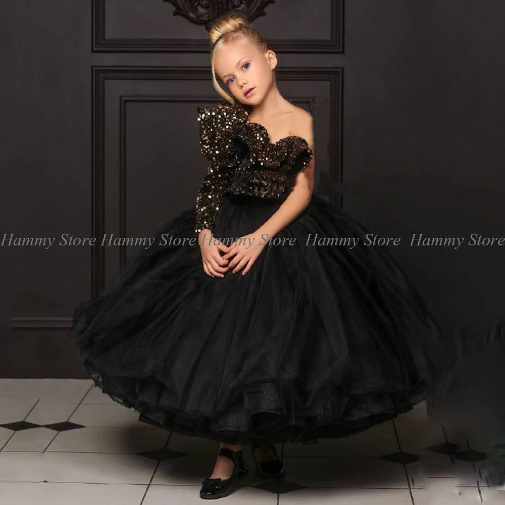 Black Flower Girl Dress with Gold Sequin Top One Shoulder Puffy Floor Length Long First Communion Dresses Wedding Party Gown