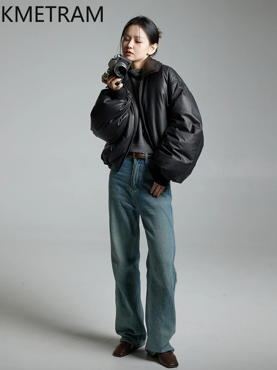 KMETRAM Natural Sheepskin Genuine Leather Down Jacket Black Vintage Women's Winter Coat Short Thicken New Outerwears 2025 пальто