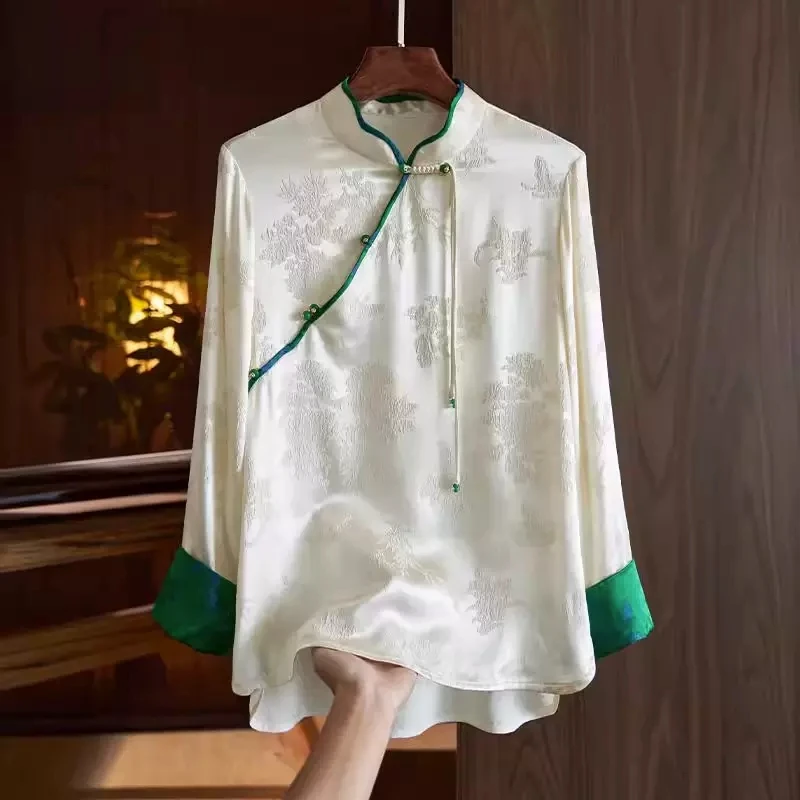 Satin Women\'s Shirt Chinese Style Vintage Blouses Spring/Summer Clothing Loose Fashion Long Sleeves Floral Silk Tops