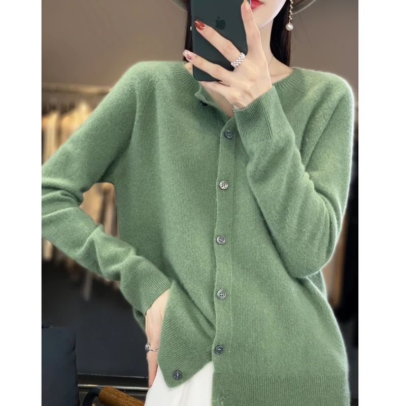 Women 100% Merino Wool Sweater Autumn Winter O-Neck First Line Seamless Cardigan Long Sleeve Clothing Cashmere Knitwear Tops