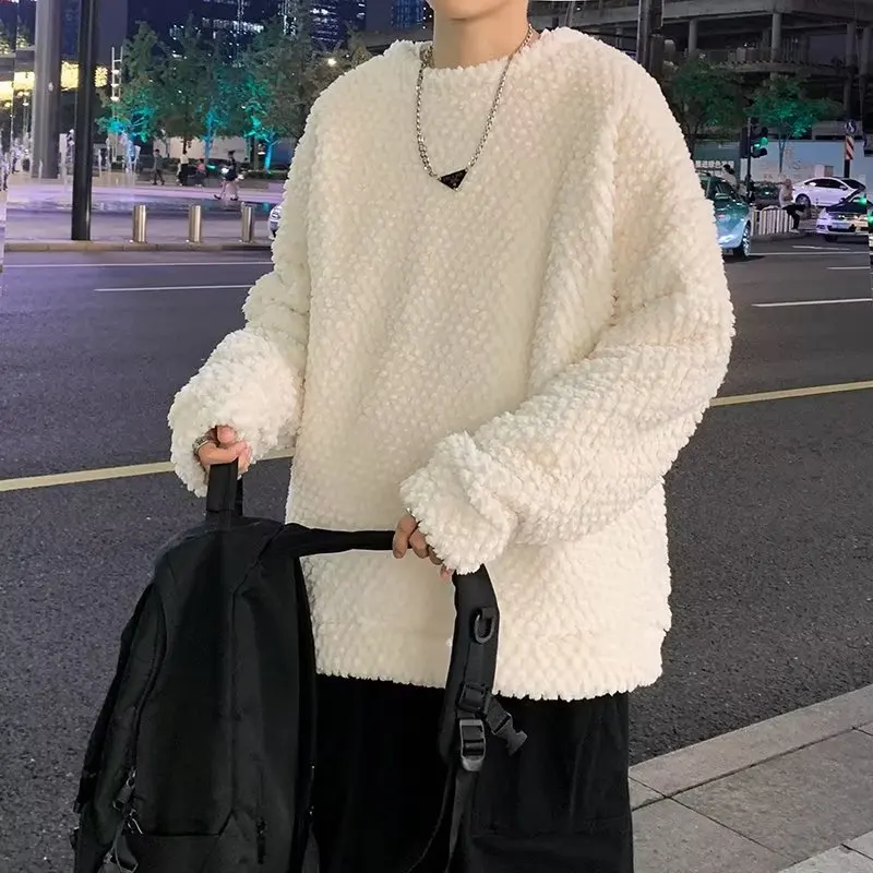 

Autumn Winter Large Size Men's Faionable Lamb Fur Hoodie Thiened Fce Loose Fit Baseball Collar Pure Color Knitted Sweater