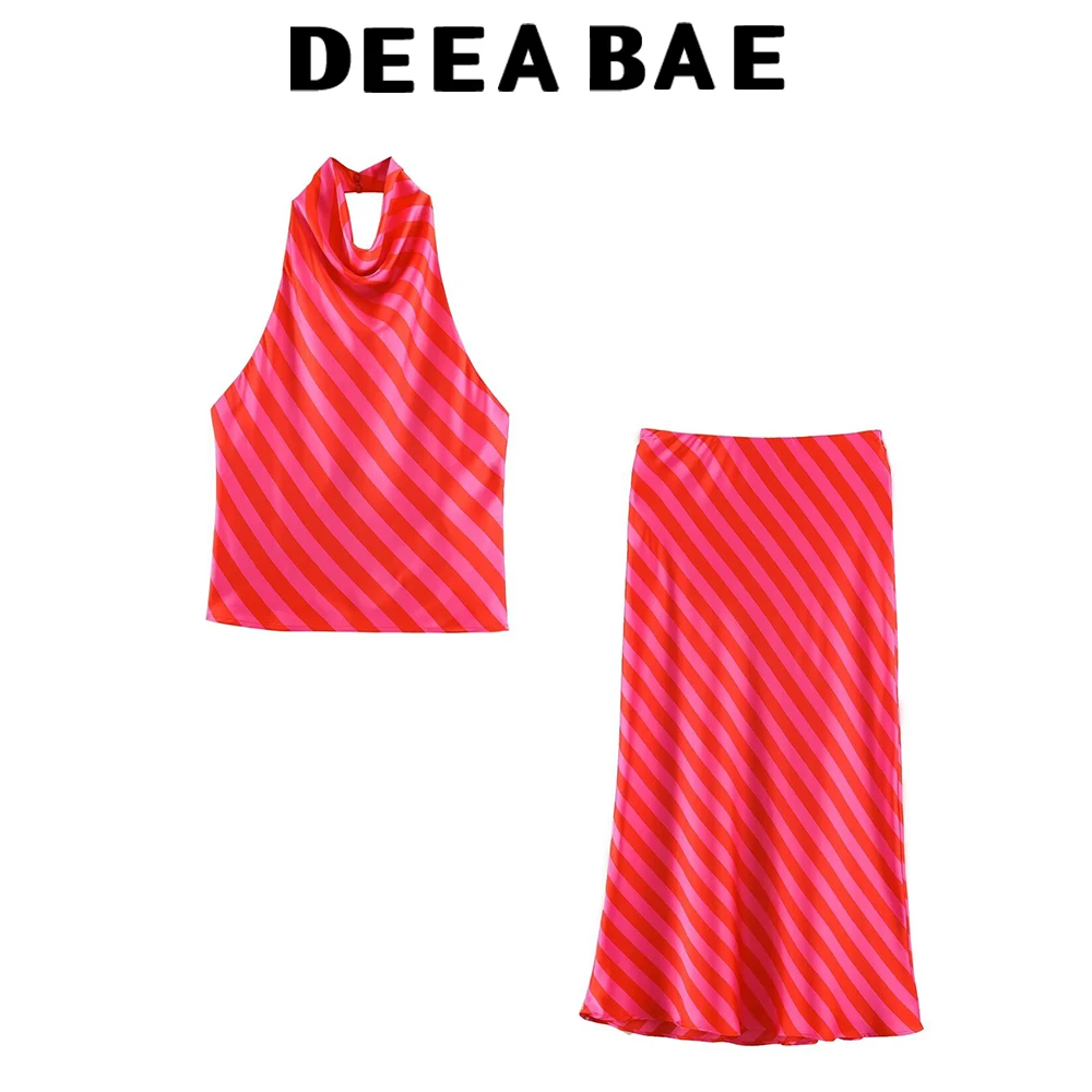 DEEABAE Summer women's backless silk texture hanging neck collar top with elastic waist and MIDI skirt set