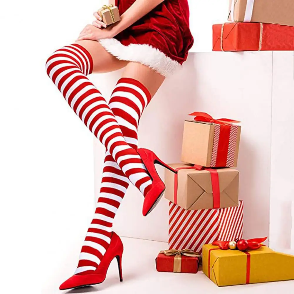 1 Pair Striped Stockings Green White Contrast Color Anti-slip Over Knee Length Christmas Stockings Stage Party Long Thigh Socks