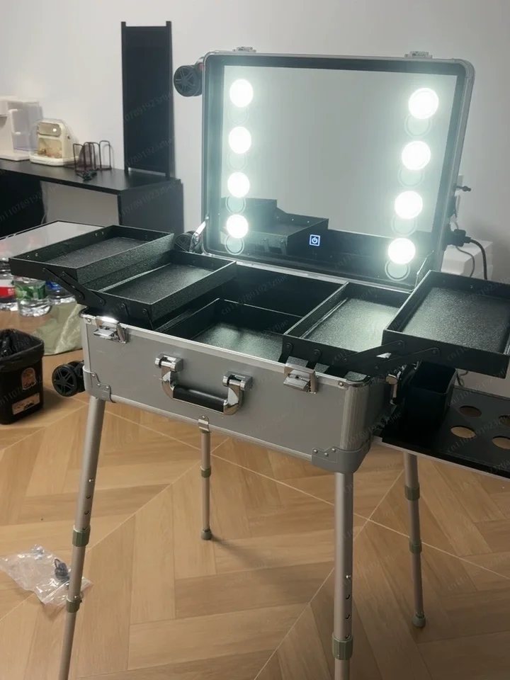 

22-дюймовый чемодан-тележка с LED-подсветкой и зеркалом, алюминиевый профессиональный косметический кейс на колесах, складной столик для макияжа