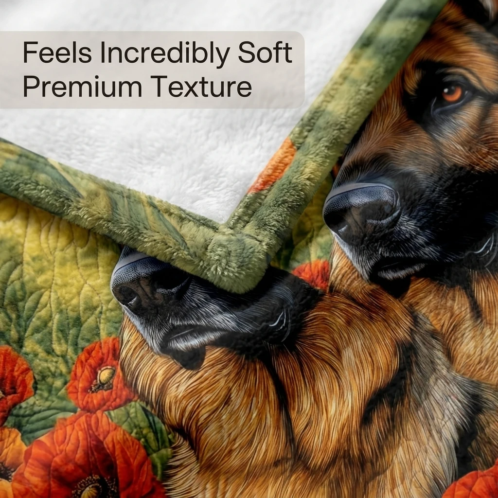 1PC Vibrant Garden German Shepherd & Poppy Thick Flannel Blanket, Soft Warm Throw, Ideal Gift for Adults