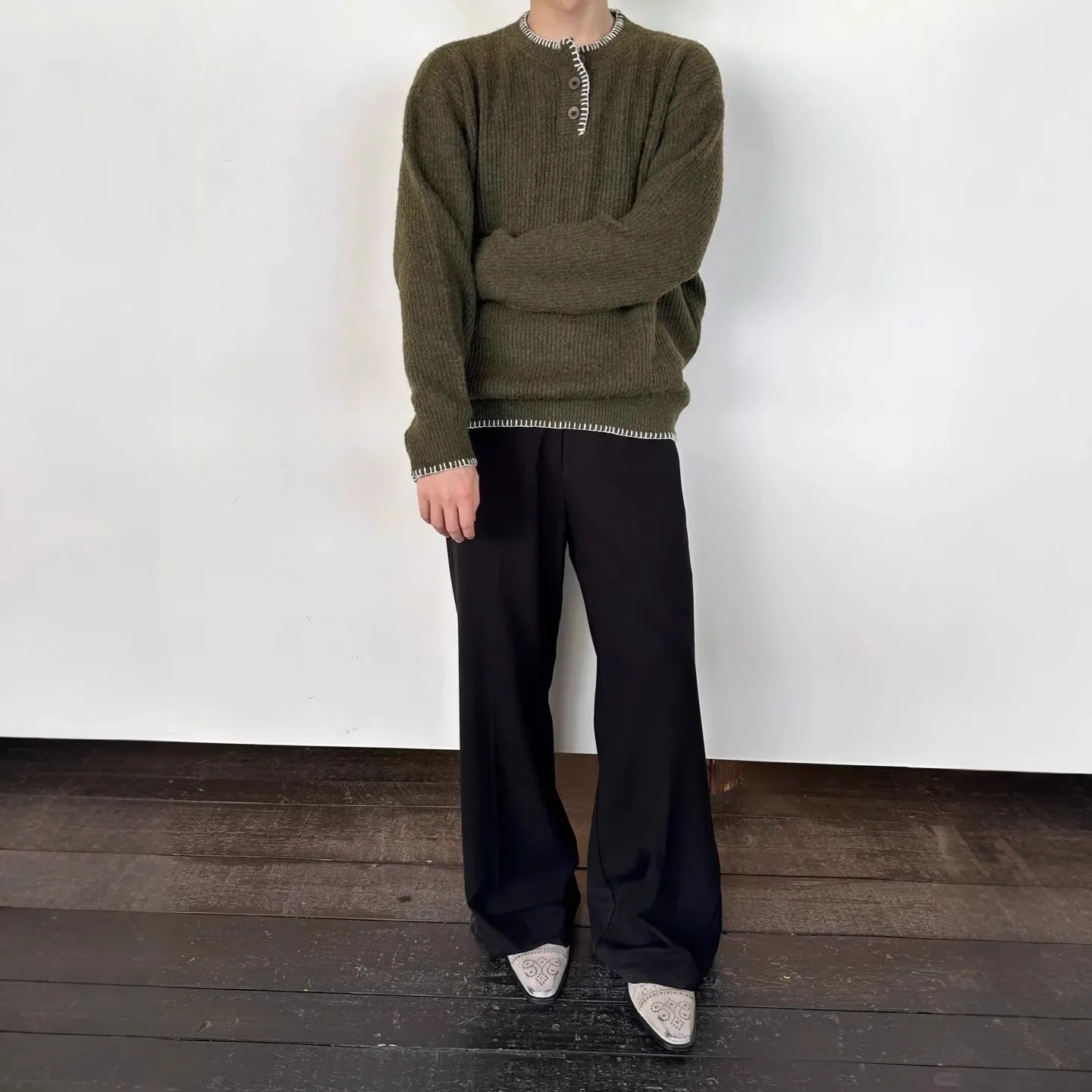 

Cleanfit, осенне-зимний трехцветный шерстяной свитер, сшитый вручную трикотаж Генри, свитер на пуговицах, повседневный свободный крой, длинный све, круглый Ne